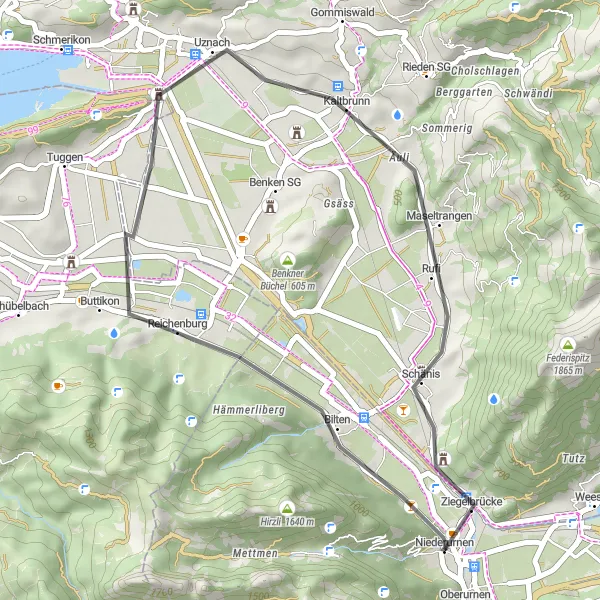 Miniatua del mapa de inspiración ciclista "Ruta de Ciclismo por Carretera a Reichenburg, Uznach y Schänis" en Ostschweiz, Switzerland. Generado por Tarmacs.app planificador de rutas ciclistas