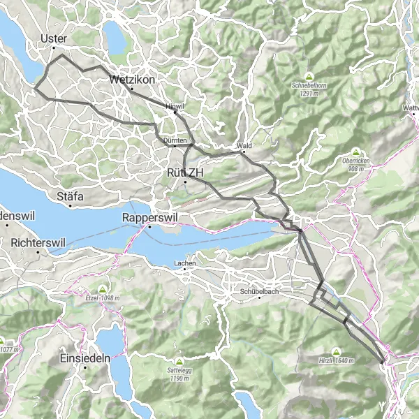 Miniature de la carte de l'inspiration cycliste "Tour du Lac de Zurich" dans la Ostschweiz, Switzerland. Générée par le planificateur d'itinéraire cycliste Tarmacs.app