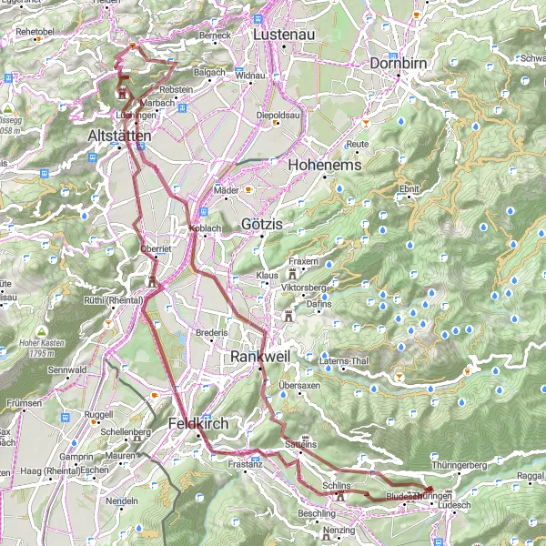 Miniaturní mapa "Gravel dobrodružství kolem Feldkirch a St. Anton" inspirace pro cyklisty v oblasti Ostschweiz, Switzerland. Vytvořeno pomocí plánovače tras Tarmacs.app
