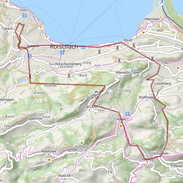 Miniatura della mappa di ispirazione al ciclismo "Avventuroso giro in bici verso Rorschach e Heiden" nella regione di Ostschweiz, Switzerland. Generata da Tarmacs.app, pianificatore di rotte ciclistiche