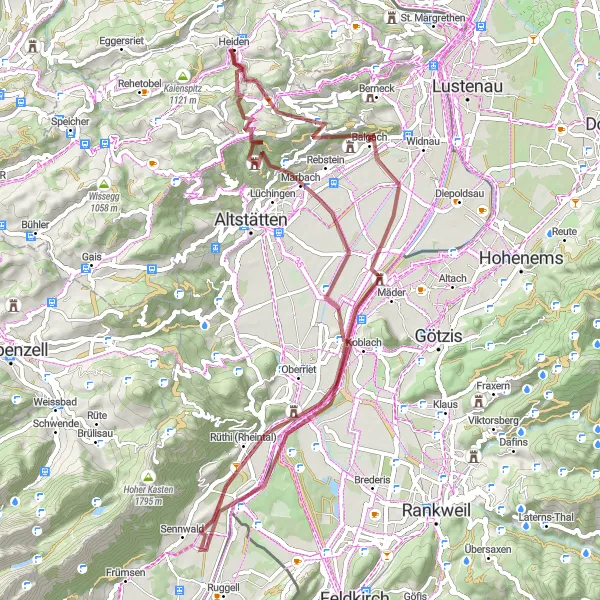 Mapa miniatúra "Gravel kolo okolo Oberegg" cyklistická inšpirácia v Ostschweiz, Switzerland. Vygenerované cyklistickým plánovačom trás Tarmacs.app