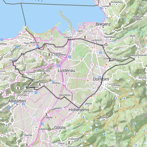 Miniatura della mappa di ispirazione al ciclismo "Giro in bicicletta da Oberegg" nella regione di Ostschweiz, Switzerland. Generata da Tarmacs.app, pianificatore di rotte ciclistiche