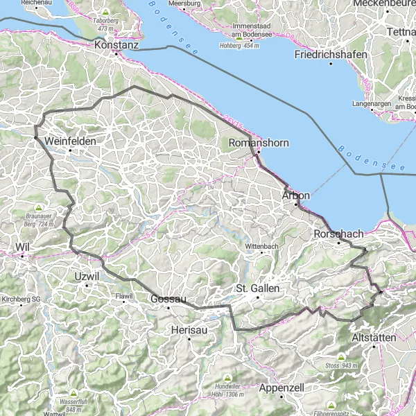 Miniature de la carte de l'inspiration cycliste "Tour de la Région d'Oberegg" dans la Ostschweiz, Switzerland. Générée par le planificateur d'itinéraire cycliste Tarmacs.app