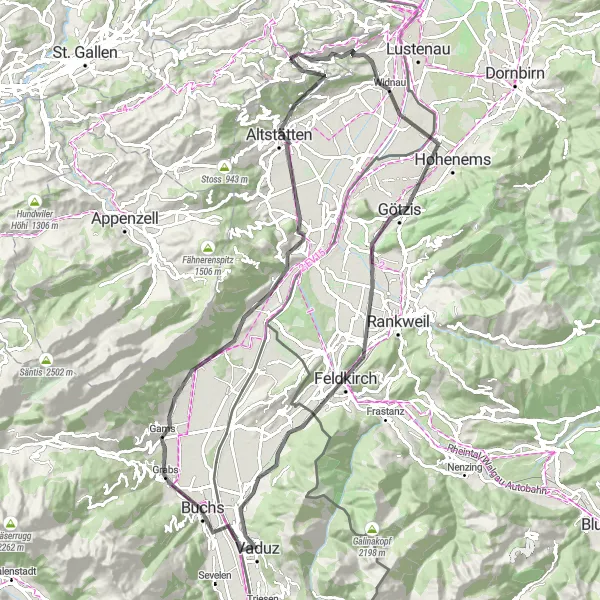 Miniaturní mapa "Okružní silniční trasy kolem Oberegg" inspirace pro cyklisty v oblasti Ostschweiz, Switzerland. Vytvořeno pomocí plánovače tras Tarmacs.app