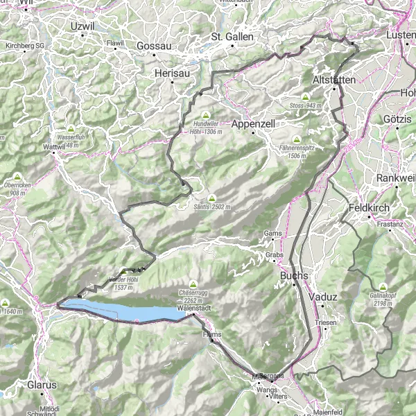 Zemljevid v pomanjšavi "Umrundung von Altstätten nach Aussichtspunkt Reservoir" kolesarske inspiracije v Ostschweiz, Switzerland. Generirano z načrtovalcem kolesarskih poti Tarmacs.app