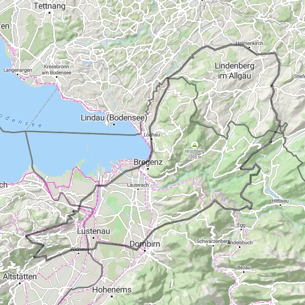 Zemljevid v pomanjšavi "Road kolesarjenje skozi Langenegg in Dornbirn" kolesarske inspiracije v Ostschweiz, Switzerland. Generirano z načrtovalcem kolesarskih poti Tarmacs.app