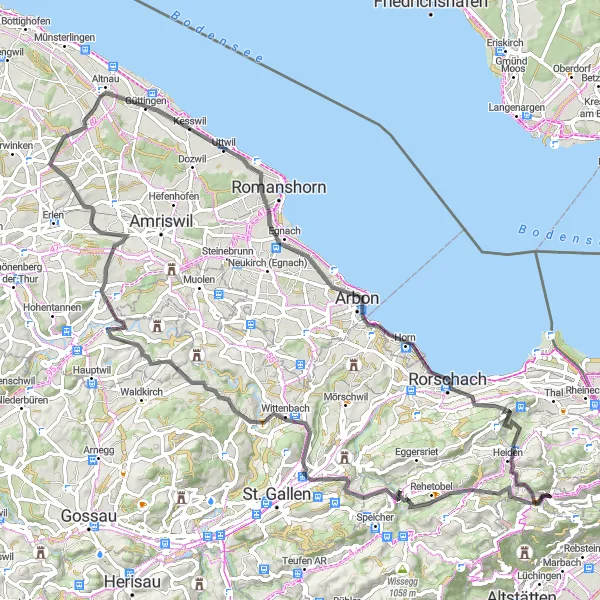 Miniature de la carte de l'inspiration cycliste "Route de cyclisme Oberegg - Rorschach" dans la Ostschweiz, Switzerland. Générée par le planificateur d'itinéraire cycliste Tarmacs.app