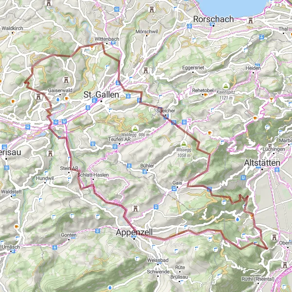 Kartminiatyr av "Grusvei gjennom Appenzell og Gäbris" sykkelinspirasjon i Ostschweiz, Switzerland. Generert av Tarmacs.app sykkelrutoplanlegger