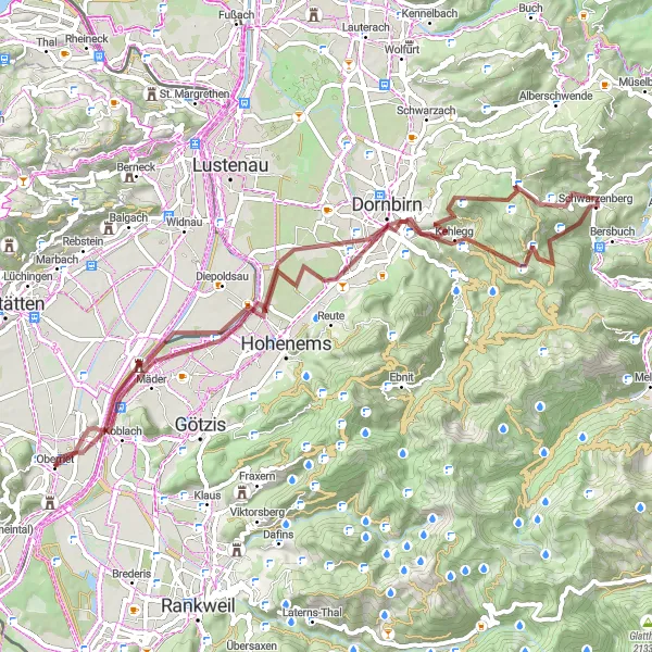 Miniatura della mappa di ispirazione al ciclismo "Avventura Gravel tra Oberriet e Kadel" nella regione di Ostschweiz, Switzerland. Generata da Tarmacs.app, pianificatore di rotte ciclistiche