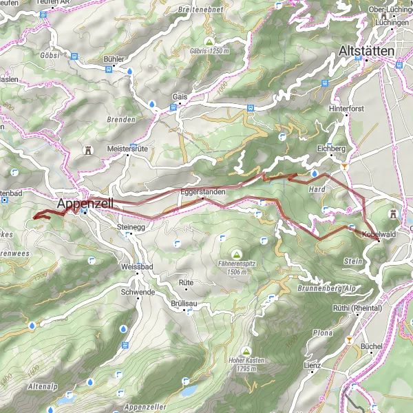 Zemljevid v pomanjšavi "Gorsko kolesarjenje do Eichberga" kolesarske inspiracije v Ostschweiz, Switzerland. Generirano z načrtovalcem kolesarskih poti Tarmacs.app