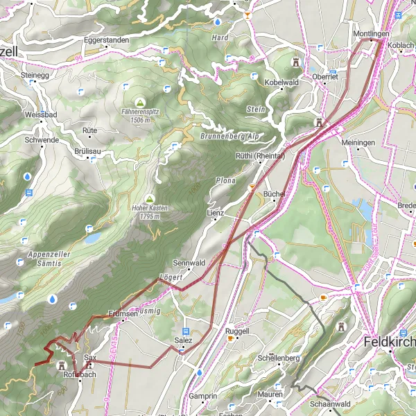 Kartminiatyr av "Grusväg mot Koblach och Burgruine Frischenberg" cykelinspiration i Ostschweiz, Switzerland. Genererad av Tarmacs.app cykelruttplanerare