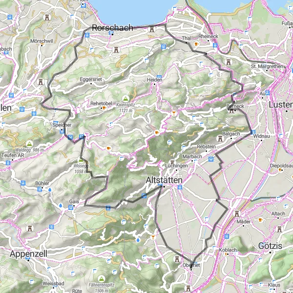 Zemljevid v pomanjšavi "Mountain Challenge: Eichberg Circuit" kolesarske inspiracije v Ostschweiz, Switzerland. Generirano z načrtovalcem kolesarskih poti Tarmacs.app