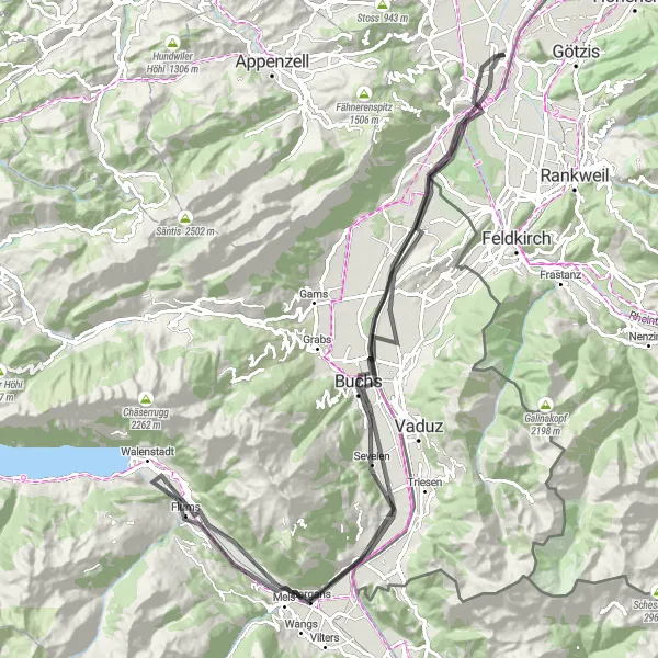 Miniatura della mappa di ispirazione al ciclismo "Giro in bicicletta da Oberriet a Gamprin passando per Mels e Major" nella regione di Ostschweiz, Switzerland. Generata da Tarmacs.app, pianificatore di rotte ciclistiche