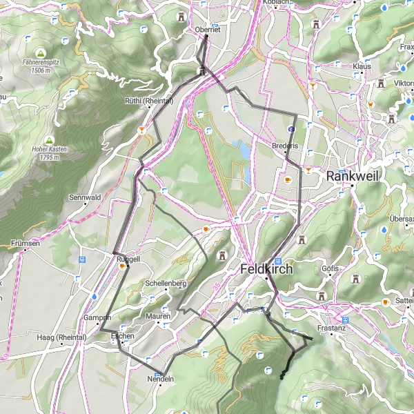 Miniaturekort af cykelinspirationen "Landevejscykelrute til Rüthi (Rheintal)" i Ostschweiz, Switzerland. Genereret af Tarmacs.app cykelruteplanlægger