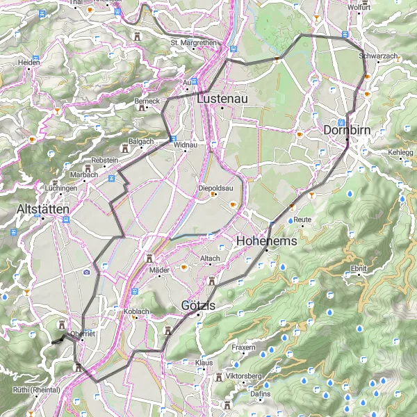 Miniatura della mappa di ispirazione al ciclismo "Tour in bicicletta da Oberriet passando per Rebstein e Götzis a Kobelwald" nella regione di Ostschweiz, Switzerland. Generata da Tarmacs.app, pianificatore di rotte ciclistiche