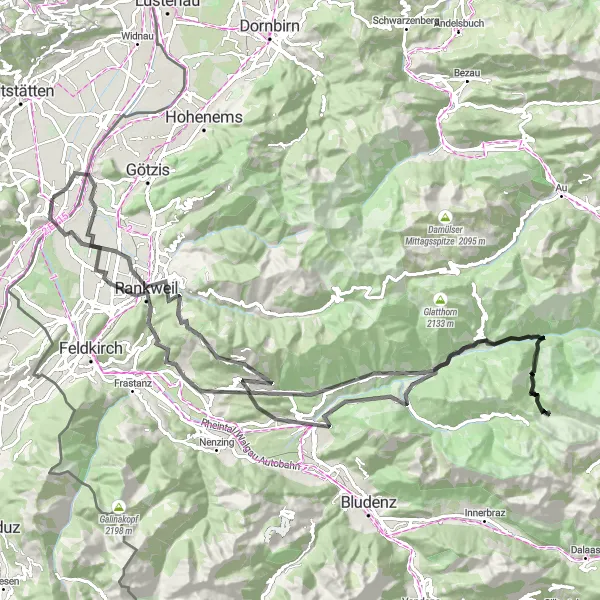 Miniatura della mappa di ispirazione al ciclismo "Giro in Bici su Strada verso Fontanella e Sonntag" nella regione di Ostschweiz, Switzerland. Generata da Tarmacs.app, pianificatore di rotte ciclistiche