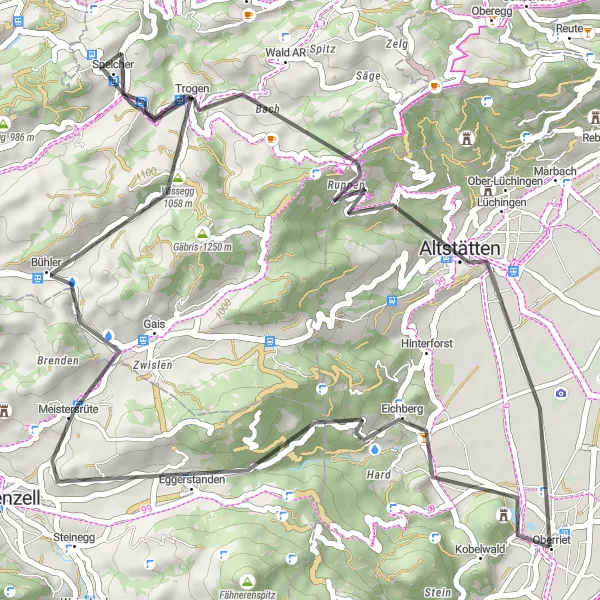 Miniatura della mappa di ispirazione al ciclismo "Giro in bicicletta da Oberriet attraverso Eichberg e Altstätten" nella regione di Ostschweiz, Switzerland. Generata da Tarmacs.app, pianificatore di rotte ciclistiche
