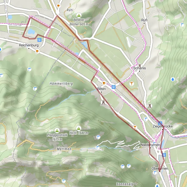 Miniatura della mappa di ispirazione al ciclismo "Circuito Panoramico di Oberurnen" nella regione di Ostschweiz, Switzerland. Generata da Tarmacs.app, pianificatore di rotte ciclistiche