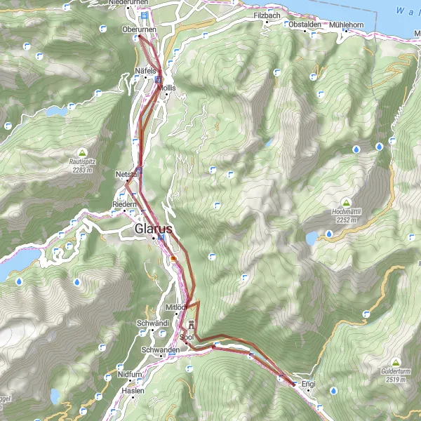 Kartminiatyr av "Äventyr på grusvägar till Glarus och Näfels" cykelinspiration i Ostschweiz, Switzerland. Genererad av Tarmacs.app cykelruttplanerare