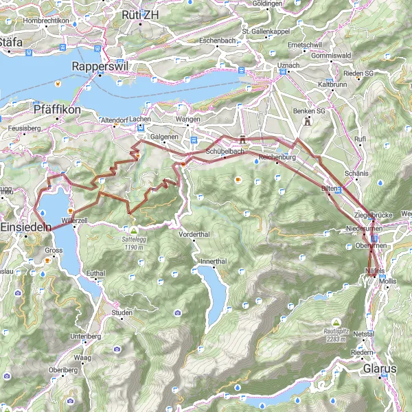 Miniaturní mapa "Gravelová cesta skrze Schübelbach" inspirace pro cyklisty v oblasti Ostschweiz, Switzerland. Vytvořeno pomocí plánovače tras Tarmacs.app