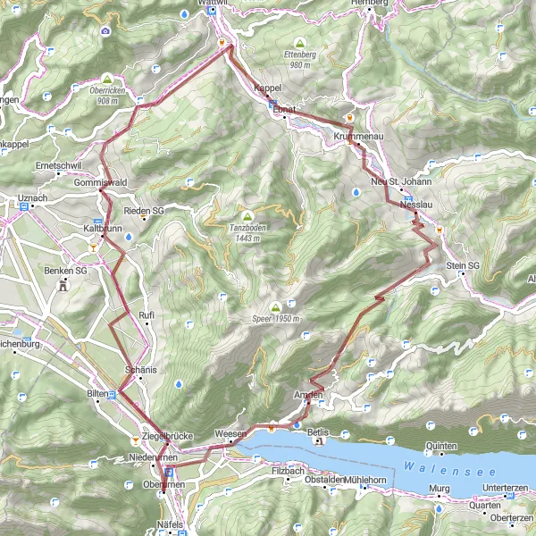 Miniatua del mapa de inspiración ciclista "Desafío en Grava Schänis - Weesen" en Ostschweiz, Switzerland. Generado por Tarmacs.app planificador de rutas ciclistas