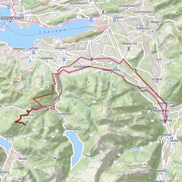 Mapa miniatúra "Gravelová cyklotrasa cez Sattelegg" cyklistická inšpirácia v Ostschweiz, Switzerland. Vygenerované cyklistickým plánovačom trás Tarmacs.app