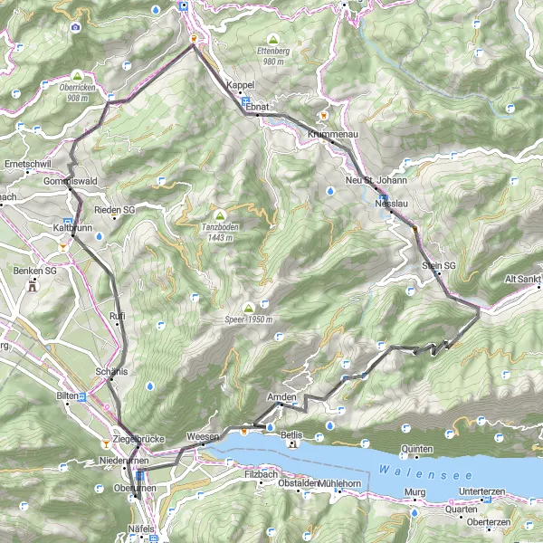 Zemljevid v pomanjšavi "Oberurnen do Amden in nazaj" kolesarske inspiracije v Ostschweiz, Switzerland. Generirano z načrtovalcem kolesarskih poti Tarmacs.app