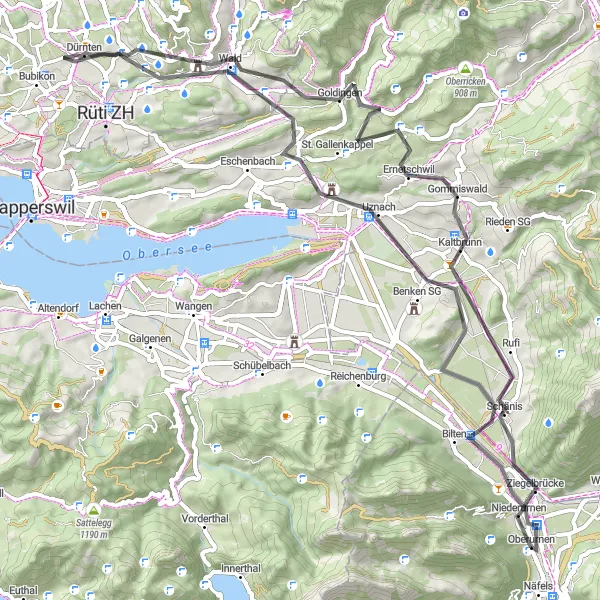 Map miniature of "The Road to Uznach" cycling inspiration in Ostschweiz, Switzerland. Generated by Tarmacs.app cycling route planner