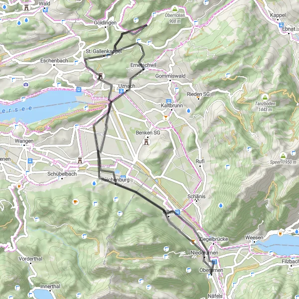 Miniaturní mapa "Road Trasa kolem Oberurnen" inspirace pro cyklisty v oblasti Ostschweiz, Switzerland. Vytvořeno pomocí plánovače tras Tarmacs.app