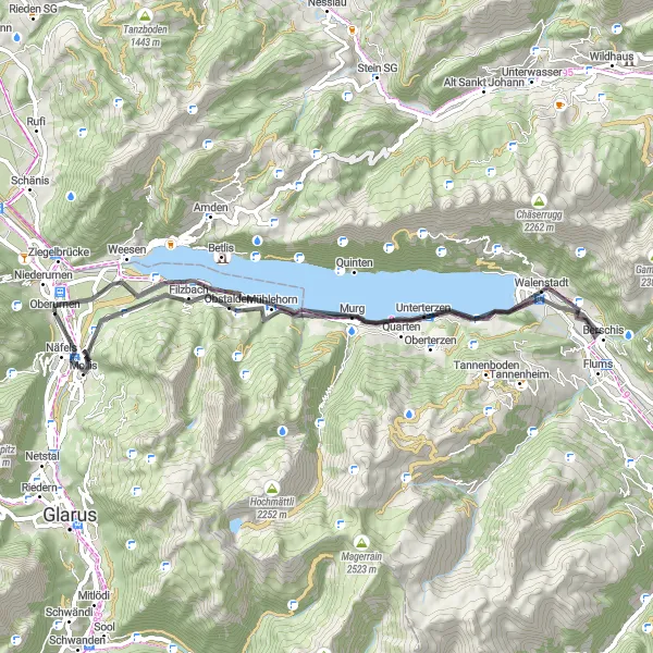 Karten-Miniaturansicht der Radinspiration "Rund um den Walensee" in Ostschweiz, Switzerland. Erstellt vom Tarmacs.app-Routenplaner für Radtouren