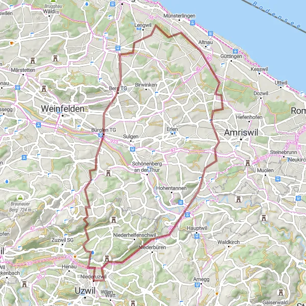 Miniatua del mapa de inspiración ciclista "Ruta de Oberuzwil a Münsterlingen y Amriswil" en Ostschweiz, Switzerland. Generado por Tarmacs.app planificador de rutas ciclistas