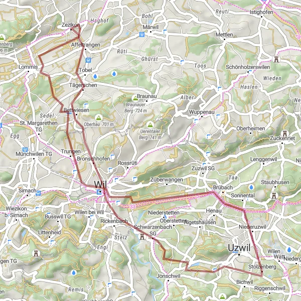 Kartminiatyr av "Grusväg till Oberuzwil och tillbaka" cykelinspiration i Ostschweiz, Switzerland. Genererad av Tarmacs.app cykelruttplanerare