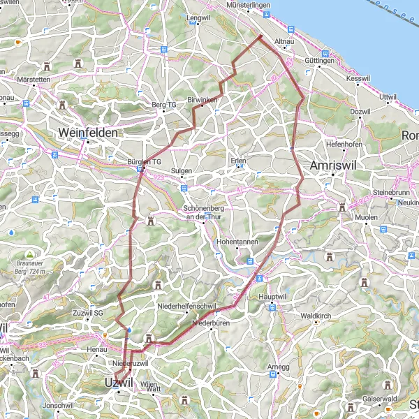 Mapa miniatúra "Gravel cesta cez Amriswil a Bischofszell" cyklistická inšpirácia v Ostschweiz, Switzerland. Vygenerované cyklistickým plánovačom trás Tarmacs.app