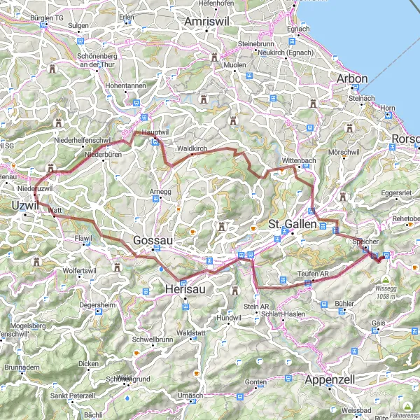 Miniaturní mapa "Gravel: Geissberg - Gossau - Niederuzwil" inspirace pro cyklisty v oblasti Ostschweiz, Switzerland. Vytvořeno pomocí plánovače tras Tarmacs.app