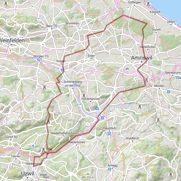 Miniatua del mapa de inspiración ciclista "Ruta de Oberuzwil a Bischofszell y Neukirch an der Thur" en Ostschweiz, Switzerland. Generado por Tarmacs.app planificador de rutas ciclistas