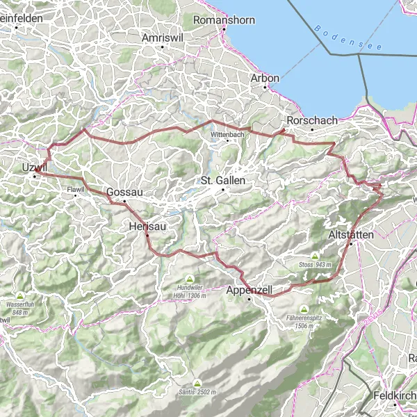 Miniatura della mappa di ispirazione al ciclismo "Avventura in bicicletta di 102 km tra montagne svizzere e laghi cristallini" nella regione di Ostschweiz, Switzerland. Generata da Tarmacs.app, pianificatore di rotte ciclistiche