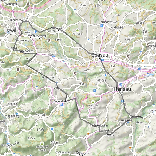 Mapa miniatúra "Road Gossau Loop" cyklistická inšpirácia v Ostschweiz, Switzerland. Vygenerované cyklistickým plánovačom trás Tarmacs.app