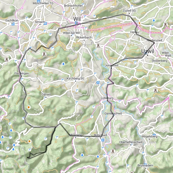 Miniatura mapy "Trasa przez Vogelsberg i Wilen bei Wil" - trasy rowerowej w Ostschweiz, Switzerland. Wygenerowane przez planer tras rowerowych Tarmacs.app