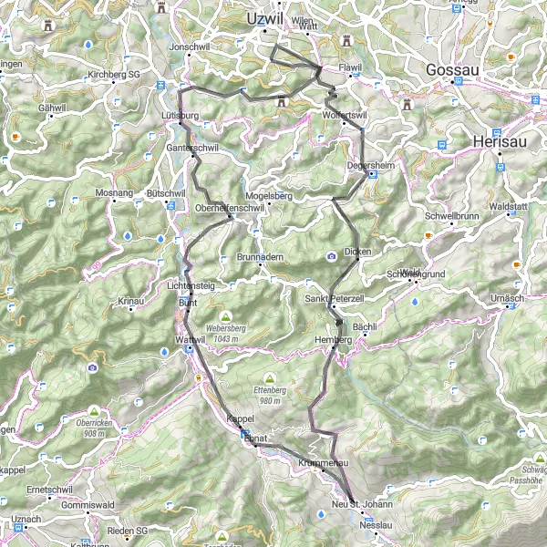 Miniaturní mapa "Cyklistická trasa Oberuzwil - Oberhelfenschwil" inspirace pro cyklisty v oblasti Ostschweiz, Switzerland. Vytvořeno pomocí plánovače tras Tarmacs.app