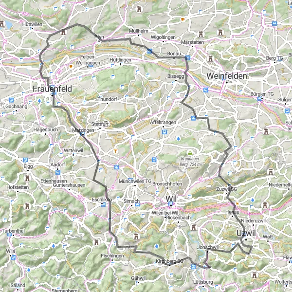 Miniatua del mapa de inspiración ciclista "Ruta de Oberuzwil a Frauenfeld y Zuzwil SG" en Ostschweiz, Switzerland. Generado por Tarmacs.app planificador de rutas ciclistas