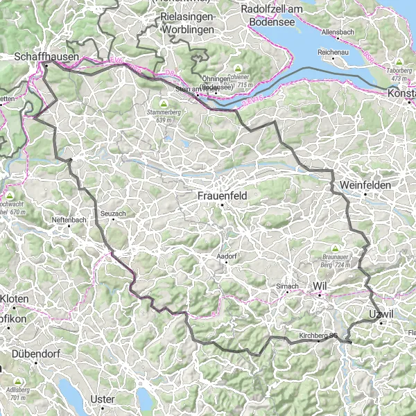 Kartminiatyr av "Historiske perler og naturskjønne omgivelser" sykkelinspirasjon i Ostschweiz, Switzerland. Generert av Tarmacs.app sykkelrutoplanlegger