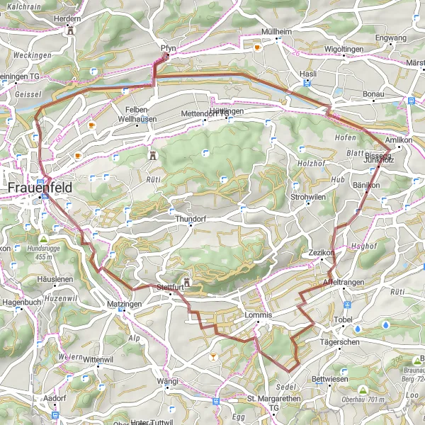 Miniatua del mapa de inspiración ciclista "Ruta en Grava desde Pfyn a Junkholz y Felben" en Ostschweiz, Switzerland. Generado por Tarmacs.app planificador de rutas ciclistas