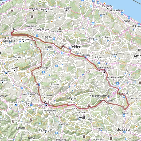 Zemljevid v pomanjšavi "Ekspedicija po neukročenih poteh okoli Pfyna" kolesarske inspiracije v Ostschweiz, Switzerland. Generirano z načrtovalcem kolesarskih poti Tarmacs.app