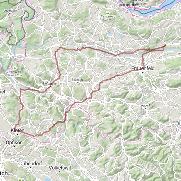 Miniatua del mapa de inspiración ciclista "Ruta de grava cerca de Pfyn" en Ostschweiz, Switzerland. Generado por Tarmacs.app planificador de rutas ciclistas