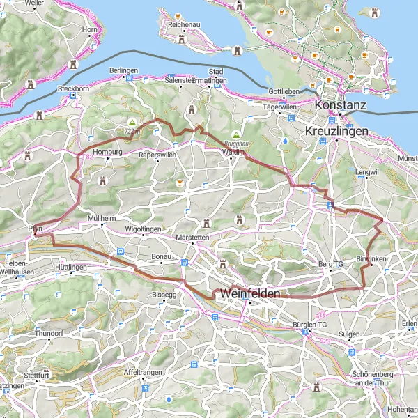 Kartminiatyr av "Weinfelden Panorama Gravel Runde" sykkelinspirasjon i Ostschweiz, Switzerland. Generert av Tarmacs.app sykkelrutoplanlegger