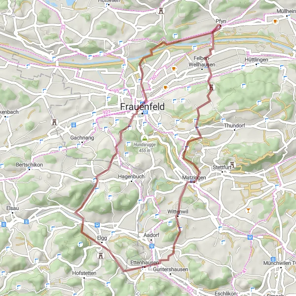 Zemljevid v pomanjšavi "Pfyn do Bahnhofbrücke" kolesarske inspiracije v Ostschweiz, Switzerland. Generirano z načrtovalcem kolesarskih poti Tarmacs.app