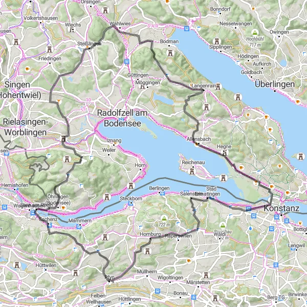 Miniatura mapy "Trasa rowerowa Pfyn - Luegi - Römerkastell Tasgetium - Blattform - Überlingen am Ried - Schloss Steißlingen - Rossberg - Schloß Langenrain - Sophienplatz - Sonnenuntergang - Ermatingen - Homburg - Panorama" - trasy rowerowej w Ostschweiz, Switzerland. Wygenerowane przez planer tras rowerowych Tarmacs.app