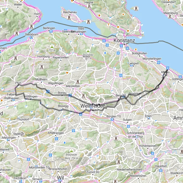 Miniatura della mappa di ispirazione al ciclismo "Viaggio in bicicletta tra Pfyn e i laghi" nella regione di Ostschweiz, Switzerland. Generata da Tarmacs.app, pianificatore di rotte ciclistiche