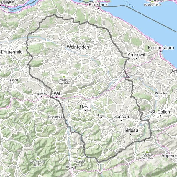 Miniatura della mappa di ispirazione al ciclismo "Avventura in bicicletta da Pfyn" nella regione di Ostschweiz, Switzerland. Generata da Tarmacs.app, pianificatore di rotte ciclistiche