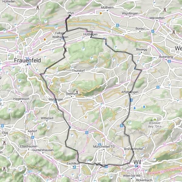 Miniature de la carte de l'inspiration cycliste "Parcours pittoresque de Matzingen" dans la Ostschweiz, Switzerland. Générée par le planificateur d'itinéraire cycliste Tarmacs.app